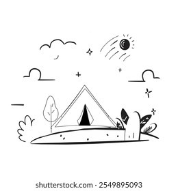 Hand drawn creative camping vector illustration. Landscape icon, Thin line style, Editable stroke, Isolated on white background. Life Vector Design with Trees, Mountain and Campfire.