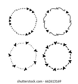 Hand drawn creative circle for logo, label, branding. Set of four round frames.  Vector illustration.