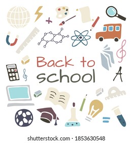 Hand drawn creative design set. Back to school. Doodle style vector illustration for graphic and web design