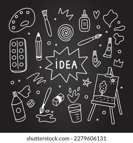 Hand drawn creative doodles. Vector school illustration. Drawing and crafting outline icons