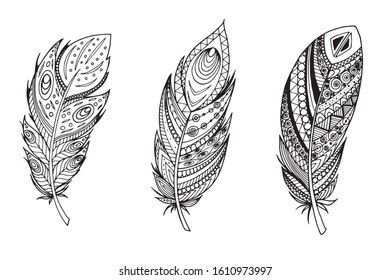 Hand drawn creative feather set for coloring. Vector artistic illustration.