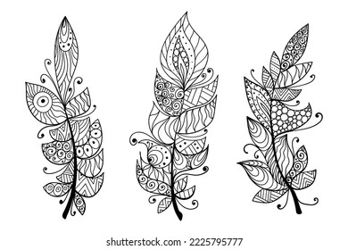 Hand drawn creative feather set for coloring. Vector artistic illustration.