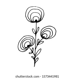Hand drawn creative flower.  White background. Ink doodle illustration. Hand-drawn vintage, minimalistic black flower. Beautiful vector illustration.