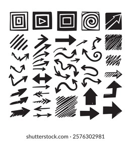 Hand drawn creative geometric pointing outline shapes and doodle frames illustration set arrow design