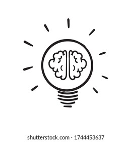 hand drawn Creative idea doodle line icon. Brain in light bulb vector illustration. Thin sign of innovation, solution, education logo.vector