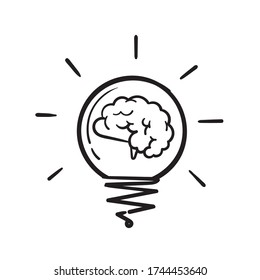 hand drawn Creative idea doodle line icon. Brain in light bulb vector illustration. Thin sign of innovation, solution, education logo.vector