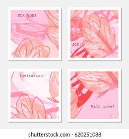 Hand drawn creative invitation greeting cards. Poster, placard,design templates. Anniversary, Birthday, wedding, party cards set of 4. Isolated on layer.