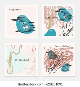 Hand drawn creative invitation greeting cards. Poster, placard,design templates. Anniversary, Birthday, wedding, party cards set of 4. Isolated on layer.