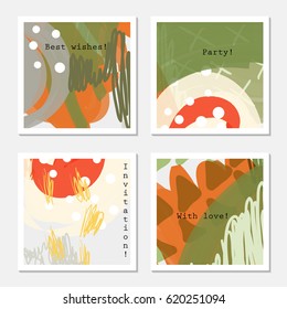 Hand drawn creative invitation greeting cards. Poster, placard,design templates. Anniversary, Birthday, wedding, party cards set of 4. Isolated on layer.