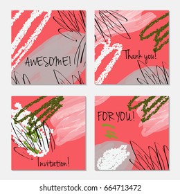 Hand drawn creative invitation greeting cards. Invitation party card template. Set of 4 isolated on layer. Abstract creative universal doodles. Roughly brushed floral motifs. Vector illustration.