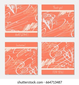 Hand drawn creative invitation greeting cards. Invitation party card template. Set of 4 isolated on layer. Abstract creative universal doodles. Roughly brushed floral motifs. Vector illustration.