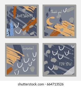 Hand drawn creative invitation greeting cards. Invitation party card template. Set of 4 isolated on layer. Abstract creative universal doodles. Roughly brushed floral motifs. Vector illustration.