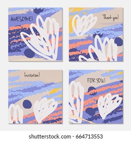 Hand drawn creative invitation greeting cards. Invitation party card template. Set of 4 isolated on layer. Abstract creative universal doodles. Roughly brushed floral motifs. Vector illustration.