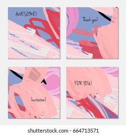 Hand drawn creative invitation greeting cards. Invitation party card template. Set of 4 isolated on layer. Abstract creative universal doodles. Roughly brushed floral motifs. Vector illustration.
