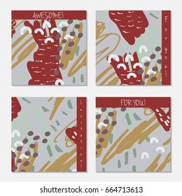 Hand drawn creative invitation greeting cards. Invitation party card template. Set of 4 isolated on layer. Abstract creative universal doodles. Roughly brushed floral motifs. Vector illustration.