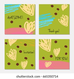 Hand drawn creative invitation greeting cards. Invitation party card template. Set of 4 isolated on layer. Abstract creative universal doodles. Roughly brushed floral motifs. Vector illustration.