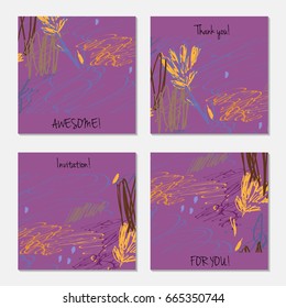 Hand drawn creative invitation greeting cards. Invitation party card template. Set of 4 isolated on layer. Abstract creative universal doodles. Roughly brushed floral motifs. Vector illustration.