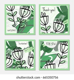 Hand drawn creative invitation greeting cards. Invitation party card template. Set of 4 isolated on layer. Abstract creative universal doodles. Roughly brushed floral motifs. Vector illustration.