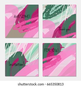 Hand drawn creative invitation greeting cards. Invitation party card template. Set of 4 isolated on layer. Abstract creative universal doodles. Roughly brushed floral motifs. Vector illustration.