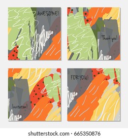 Hand drawn creative invitation greeting cards. Invitation party card template. Set of 4 isolated on layer. Abstract creative universal doodles. Roughly brushed floral motifs. Vector illustration.