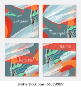 Hand drawn creative invitation greeting cards. Invitation party card template. Set of 4 isolated on layer. Abstract creative universal doodles. Roughly brushed floral motifs. Vector illustration.