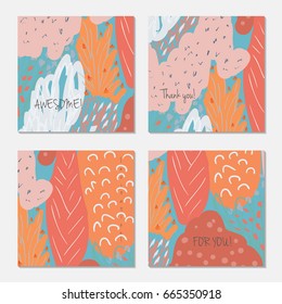 Hand drawn creative invitation greeting cards. Invitation party card template. Set of 4 isolated on layer. Abstract creative universal doodles. Roughly brushed floral motifs. Vector illustration.