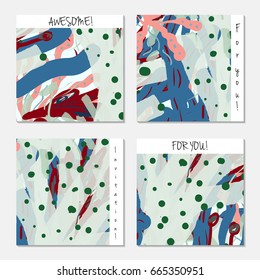 Hand drawn creative invitation greeting cards. Invitation party card template. Set of 4 isolated on layer. Abstract creative universal doodles. Roughly brushed floral motifs. Vector illustration.
