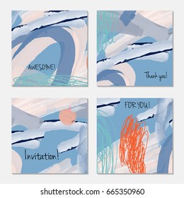 Hand drawn creative invitation greeting cards. Invitation party card template. Set of 4 isolated on layer. Abstract creative universal doodles. Roughly brushed floral motifs. Vector illustration.