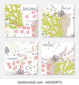 Hand drawn creative invitation greeting cards. Invitation party card template. Set of 4 isolated on layer. Abstract creative universal doodles. Roughly brushed floral motifs. Vector illustration.