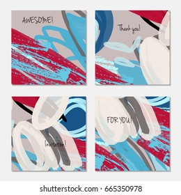 Hand drawn creative invitation greeting cards. Invitation party card template. Set of 4 isolated on layer. Abstract creative universal doodles. Roughly brushed floral motifs. Vector illustration.