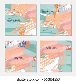 Hand drawn creative invitation greeting cards. Invitation party card template. Set of 4 isolated on layer. Abstract creative universal doodles. Roughly brushed floral motifs. Vector illustration.
