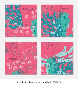 Hand drawn creative invitation greeting cards. Invitation party card template. Set of 4 isolated on layer. Abstract creative universal doodles. Roughly brushed floral motifs. Vector illustration.