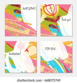 Hand drawn creative invitation greeting cards. Invitation party card template. Set of 4 isolated on layer. Abstract creative universal doodles. Roughly brushed floral motifs. Vector illustration.