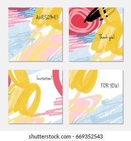 Hand drawn creative invitation greeting cards. Invitation party card template. Set of 4 isolated on layer. Abstract creative universal doodles. Roughly brushed floral motifs. Vector illustration.