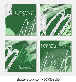Hand drawn creative invitation greeting cards. Invitation party card template. Set of 4 isolated on layer. Abstract creative universal doodles. Roughly brushed floral motifs. Vector illustration.
