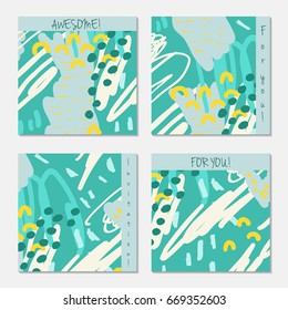 Hand drawn creative invitation greeting cards. Invitation party card template. Set of 4 isolated on layer. Abstract creative universal doodles. Roughly brushed floral motifs. Vector illustration.