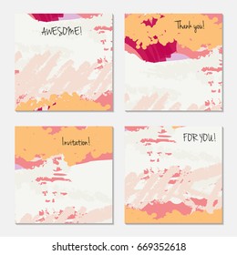 Hand drawn creative invitation greeting cards. Invitation party card template. Set of 4 isolated on layer. Abstract creative universal doodles. Roughly brushed floral motifs. Vector illustration.