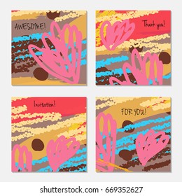 Hand drawn creative invitation greeting cards. Invitation party card template. Set of 4 isolated on layer. Abstract creative universal doodles. Roughly brushed floral motifs. Vector illustration.