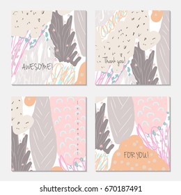 Hand drawn creative invitation greeting cards. Invitation party card template. Set of 4 isolated on layer. Abstract creative universal doodles. Roughly brushed floral motifs. Vector illustration.