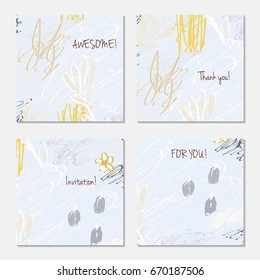 Hand drawn creative invitation greeting cards. Invitation party card template. Set of 4 isolated on layer. Abstract creative universal doodles. Roughly brushed floral motifs. Vector illustration.