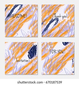 Hand drawn creative invitation greeting cards. Invitation party card template. Set of 4 isolated on layer. Abstract creative universal doodles. Roughly brushed floral motifs. Vector illustration.