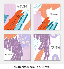 Hand drawn creative invitation greeting cards. Invitation party card template. Set of 4 isolated on layer. Abstract creative universal doodles. Roughly brushed floral motifs. Vector illustration.