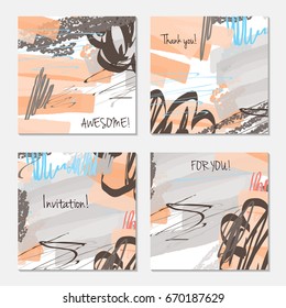 Hand drawn creative invitation greeting cards. Invitation party card template. Set of 4 isolated on layer. Abstract creative universal doodles. Roughly brushed floral motifs. Vector illustration.