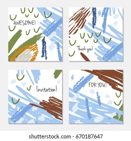 Hand drawn creative invitation greeting cards. Invitation party card template. Set of 4 isolated on layer. Abstract creative universal doodles. Roughly brushed floral motifs. Vector illustration.