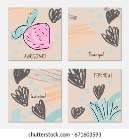 Hand drawn creative invitation greeting cards. Invitation party card template. Set of 4 isolated on layer. Abstract creative universal doodles. Roughly brushed floral motifs. Vector illustration.