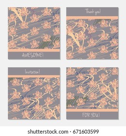 Hand drawn creative invitation greeting cards. Invitation party card template. Set of 4 isolated on layer. Abstract creative universal doodles. Roughly brushed floral motifs. Vector illustration.
