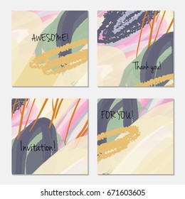 Hand drawn creative invitation greeting cards. Invitation party card template. Set of 4 isolated on layer. Abstract creative universal doodles. Roughly brushed floral motifs. Vector illustration.