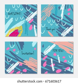 Hand drawn creative invitation greeting cards. Invitation party card template. Set of 4 isolated on layer. Abstract creative universal doodles. Roughly brushed floral motifs. Vector illustration.