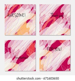 Hand drawn creative invitation greeting cards. Invitation party card template. Set of 4 isolated on layer. Abstract creative universal doodles. Roughly brushed floral motifs. Vector illustration.