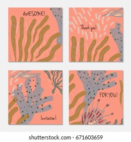Hand drawn creative invitation greeting cards. Invitation party card template. Set of 4 isolated on layer. Abstract creative universal doodles. Roughly brushed floral motifs. Vector illustration.